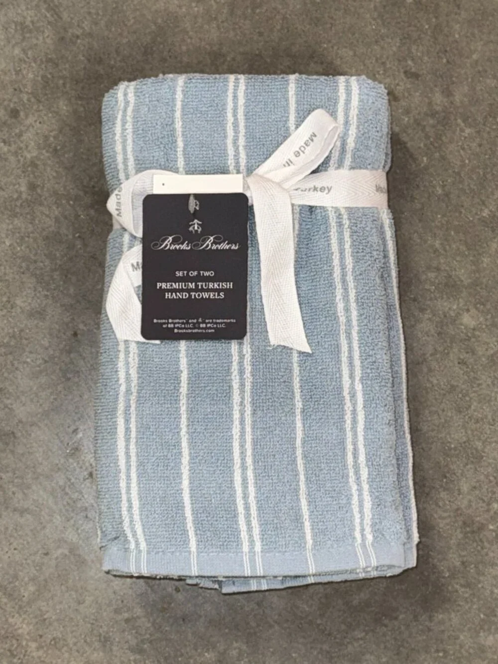 2 Brooks Brothers Premium Turkish Cotton Hand Towels White Blue Gray Stripe